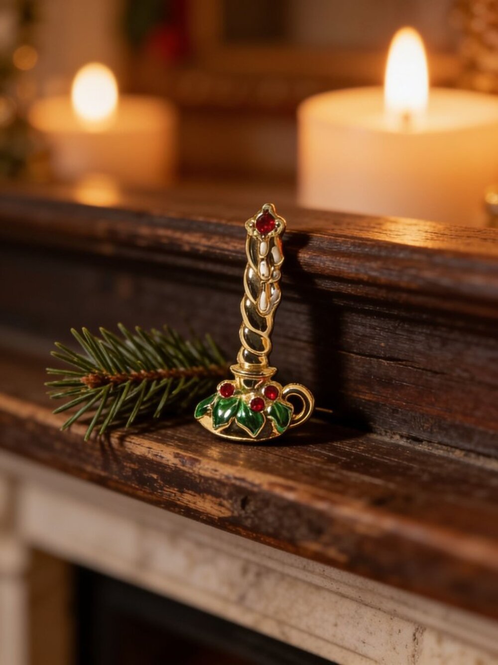 Vintage Gold-Tone Christmas Candle Brooch With Holly & Berry Accent